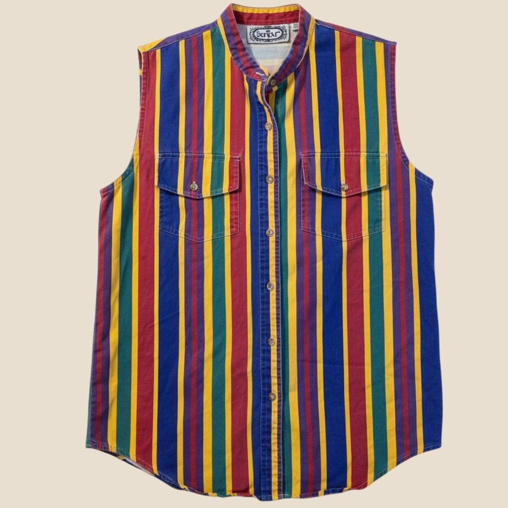 Bonjour Vintage 90s Colorful Stripe Sleeveless Button Down Shirt Top Medium